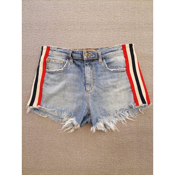 Joe’s Women’s 29 Denim Cutoff Shorts – Blue Hem with Red White Side Stripes - Picture 1 of 10